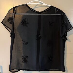 VINTAGE Elegant Black Sheer Top Beaded Flowers